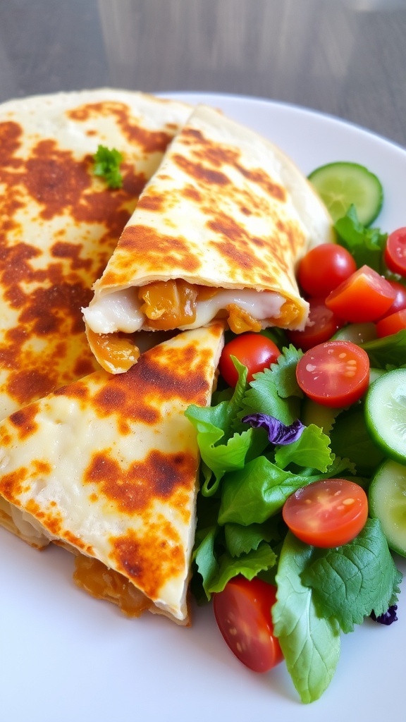Cheesy chicken quesadilla wedges on a plate with a fresh salad of greens, tomatoes, and cucumber.